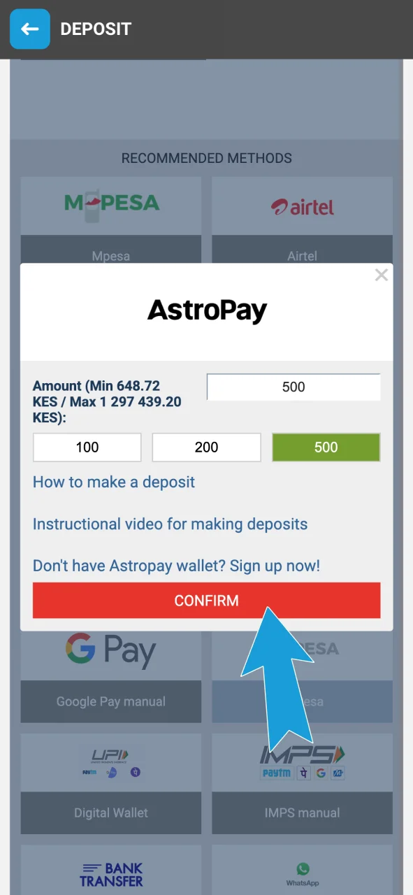 Open the Deposit tab on Megapari and top up your balance easily.