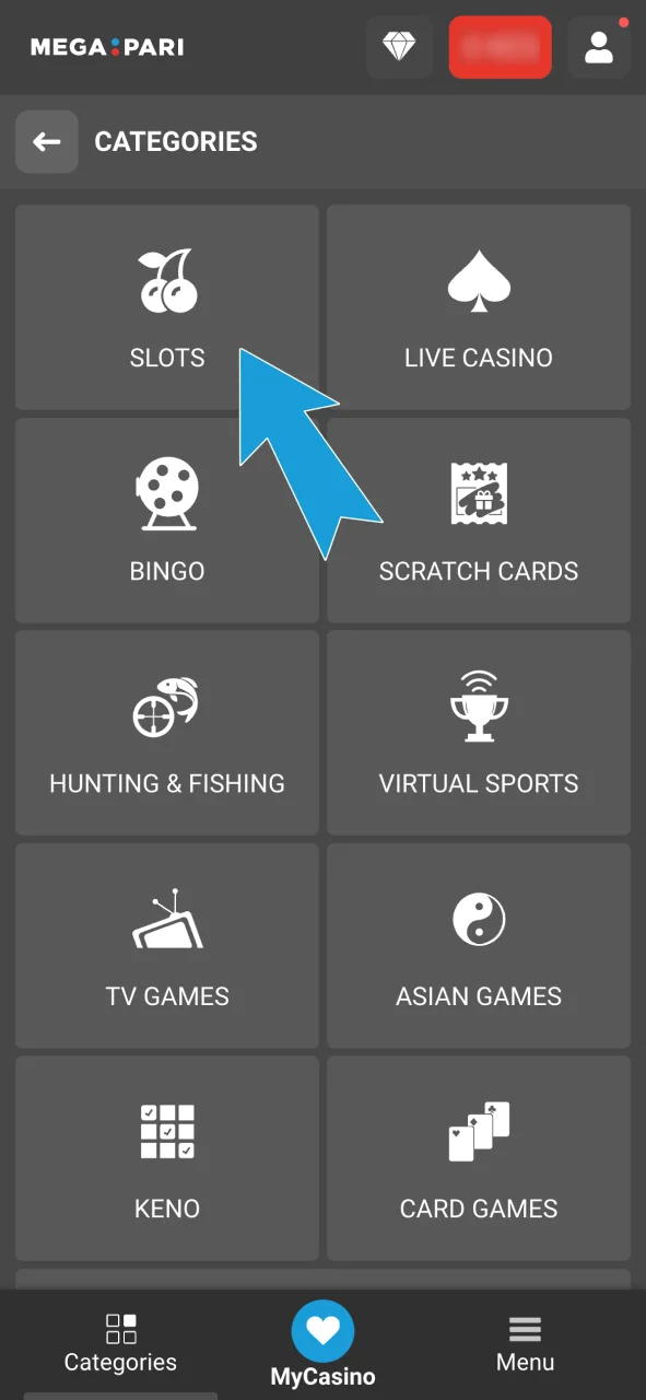 Choose a game category on Megapari and start playing now.