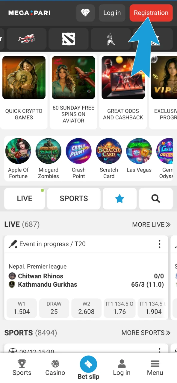 Click Registration on Megapari and create your account quickly.