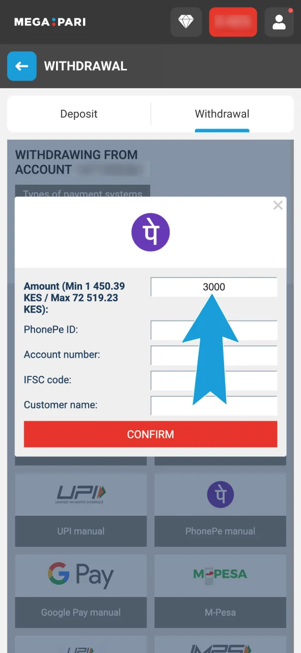 Type the amount you want to withdraw from your Megapari account.