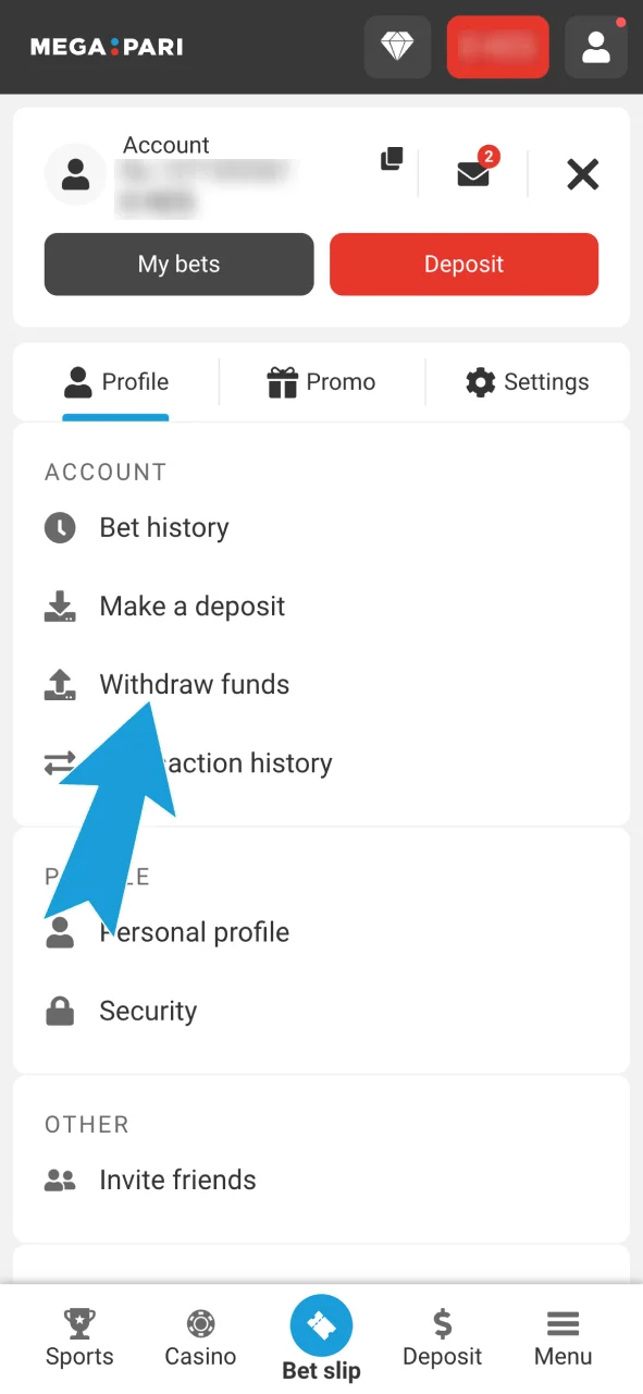 Go to the Withdrawal of Funds section on Megapari and choose your preferred method.