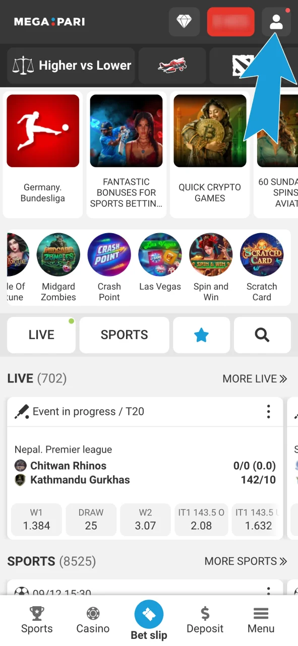 Click the account icon on Megapari to open your account menu.